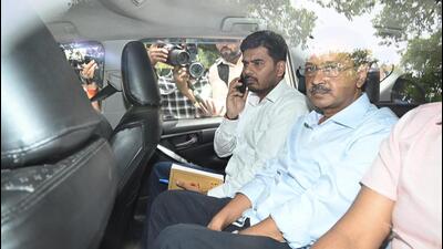 Delhi chief minister Arvind Kejriwal leaves from ED office for the Rouse Avenue Court in New Delhi on Monday. (Arvind Yadav/HT Photo) Delhi chief minister Arvind Kejriwal leaves from ED office for the Rouse Avenue Court in New Delhi on Monday. (Arvind Yadav/HT Photo)