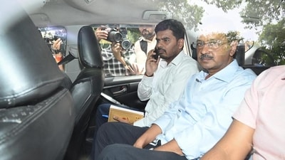Delhi chief minister Arvind Kejriwal leaves from ED office for the Rouse Avenue Court in New Delhi on Monday. (Arvind Yadav/HT Photo) (HT_PRINT) Delhi chief minister Arvind Kejriwal leaves from ED office for the Rouse Avenue Court in New Delhi on Monday. (Arvind Yadav/HT Photo) (HT_PRINT)