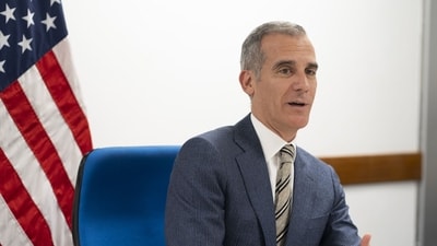 Eric Garcetti, US ambassador to India, following an interview in New Delhi, India, on Thursday, March 28, 2024. Garcetti said he�s working to convene events, along with India�s government, to bring investors to the country in the second half of the year, likely in Mumbai. Photographer: Ruhani Kaur/Bloomberg (Bloomberg) Eric Garcetti, US ambassador to India, following an interview in New Delhi, India, on Thursday, March 28, 2024. Garcetti said he�s working to convene events, along with India�s government, to bring investors to the country in the second half of the year, likely in Mumbai. Photographer: Ruhani Kaur/Bloomberg (Bloomberg)