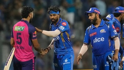 Rajasthan Royals' Riyan Parang, left, is greeted by Mumbai Indians' captain Hardik Pandya after their win in the Indian Premier League (AP) Rajasthan Royals' Riyan Parang, left, is greeted by Mumbai Indians' captain Hardik Pandya after their win in the Indian Premier League (AP)