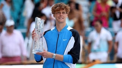 Jannik Sinner of Italy celebrates his win of the Men's Final at Hard Rock Stadium on March 31, 2024 in Miami Gardens, Florida. Sinner defeated Grigor Dimitrov of Bulgaria (Getty Images via AFP) Jannik Sinner of Italy celebrates his win of the Men's Final at Hard Rock Stadium on March 31, 2024 in Miami Gardens, Florida. Sinner defeated Grigor Dimitrov of Bulgaria (Getty Images via AFP)