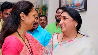 NCP leader Supriya Sule and Ajit Pawar's wife Sunetra Pawar meet at a temple in Baramati tehsil in Pune district on March 8, 2024. (PTI) NCP leader Supriya Sule and Ajit Pawar's wife Sunetra Pawar meet at a temple in Baramati tehsil in Pune district on March 8, 2024. (PTI)