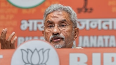 External affairs minister S Jaishankar addresses a press conference at the BJP Headquarters, in New Delhi. (PTI)