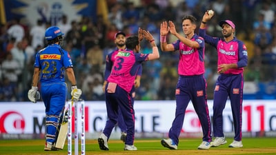 Rajasthan Royals bowler Trent Boult celebrates the wicket of Mumbai Indians batter Naman Dhir (PTI) Rajasthan Royals bowler Trent Boult celebrates the wicket of Mumbai Indians batter Naman Dhir (PTI)