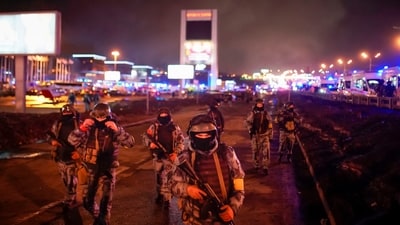 Russian soldiers secure an area at near the Crocus City Hall concert venue on the western edge of Moscow. (AP/File) Russian soldiers secure an area at near the Crocus City Hall concert venue on the western edge of Moscow. (AP/File)