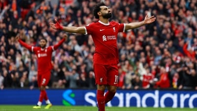 Liverpool's Mohamed Salah celebrates scoring their second goal. (REUTERS)