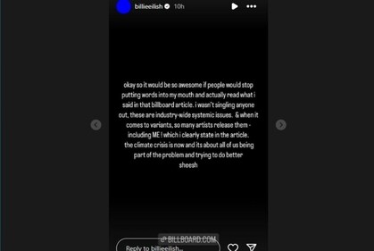 Billie Eilish responds to Taylor Swift fans accusing her of taking a dig at their beloved artist. (Instagram ) Billie Eilish responds to Taylor Swift fans accusing her of taking a dig at their beloved artist. (Instagram )