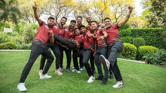 A candid moment with some of the members of India men's hockey team (L-R) Abhishek, Gurjant Singh, Manpreet Singh, Vivek Sagar, Harmanpreet Singh, Mandeep Singh, PR Sreejesh, Nilakanta Sharma, and Krishan Pathak. (Photo: Raajessh Kashayp/HT)