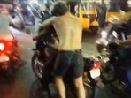 In a horrible incident, a drunk and shirtless foreigner attempted to bite a man who was riding his bike in Chennai. In a horrible incident, a drunk and shirtless foreigner attempted to bite a man who was riding his bike in Chennai.
