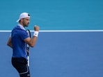 Grigor Dimitrov of Bulgaria reacts against Jannik Sinner of Italy in the men's final of the Miami Open at Hard Rock Stadium on March 31, 2024 in Miami Gardens, Florida.