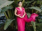Soha Ali Khan in a pink satin saree with a leafy petal blouse(Photo: Instagram)