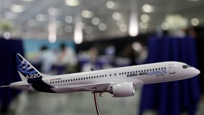 A model of the Airbus A220-300 aircraft is seen at a media event at Indira Gandhi International Airport in New Delhi. (Reuters file photo)