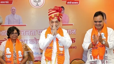 Home minister Amit Shah greets at a meeting with the core group officials in Rajasthan. (Amit Shah-X) Home minister Amit Shah greets at a meeting with the core group officials in Rajasthan. (Amit Shah-X)