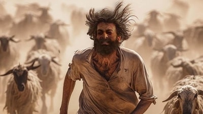 Prithviraj Sukumaran in a still from Aadujeevitham The Goat Life box. Prithviraj Sukumaran in a still from Aadujeevitham The Goat Life box.