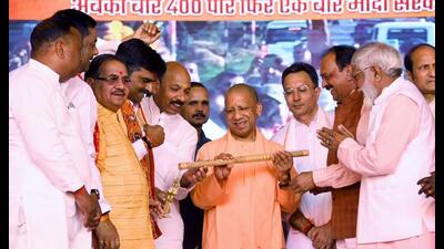 Chief minister Yogi Adityanath being felicitated with a flute during an event, in Pilibhit on Tuesday. (ANI Photo) Chief minister Yogi Adityanath being felicitated with a flute during an event, in Pilibhit on Tuesday. (ANI Photo)