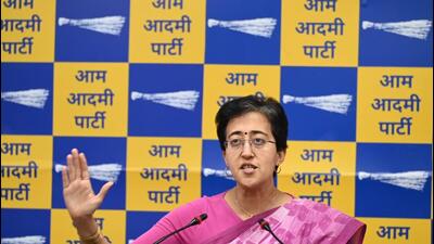 Delhi minister and AAP leader Atishi addressing a press conference on Tuesday. (Arvind Yadav/ HT Photo)
