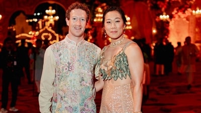Meta CEO Mark Zuckerberg and his wife Priscilla Chan pose during the pre-wedding celebrations of Anant Ambani, son of Mukesh Ambani, the Chairman of Reliance Industries, and Radhika Merchant, daughter of industrialist Viren Merchant, in Jamnagar, Gujarat. (Reuters)