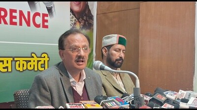 Industries minister Harshwardhan Chauhan addressing the media during a press conference in Shimla on Tuesday. (Deepak Sansta/ HT)