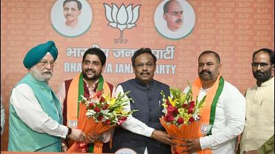 Jalandhar MP Sushil Kumar Rinku (second from right) along with MLA Sheetal Angural (second from left) joining the BJP in New Delhi recently. (HT Photo)