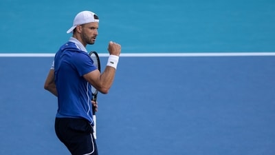 Grigor Dimitrov of Bulgaria reacts against Jannik Sinner of Italy in the men's final of the Miami Open at Hard Rock Stadium on March 31, 2024 in Miami Gardens, Florida. (Getty Images via AFP) Grigor Dimitrov of Bulgaria reacts against Jannik Sinner of Italy in the men's final of the Miami Open at Hard Rock Stadium on March 31, 2024 in Miami Gardens, Florida. (Getty Images via AFP)