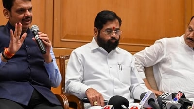 Maharashtra chief minister Eknath Shinde flanked by deputy CMs Devendra Fadnavis and Ajit Pawar in Mumbai. (HT Photo) Maharashtra chief minister Eknath Shinde flanked by deputy CMs Devendra Fadnavis and Ajit Pawar in Mumbai. (HT Photo)