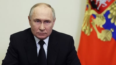 Russia's President Vladimir Putin delivers his address in Moscow on March 23, 2024, the day after a gun attack on the Crocus City Hall in Krasnogorsk. (AFP)