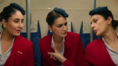 Kareena Kapoor, Kriti Sanon and Tabu in Crew. Kareena Kapoor, Kriti Sanon and Tabu in Crew.