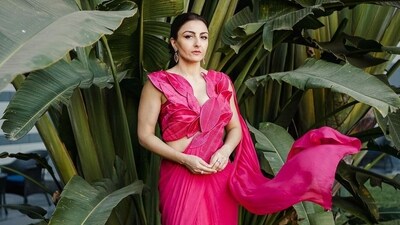 Soha Ali Khan in a pink satin saree with a leafy petal blouse (Photo: Instagram)