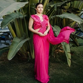 Soha Ali Khan in a pink satin saree with a leafy petal blouse (Photo: Instagram)