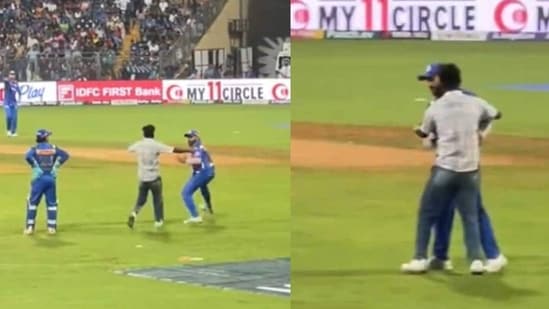 A fan breached security to meet Rohit Sharma during MI vs RR game.