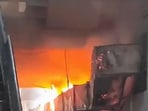The blast at a pharmaceutical company in Sangareddy around 5 pm on Wednesday triggered a fire. The blast at a pharmaceutical company in Sangareddy around 5 pm on Wednesday triggered a fire.