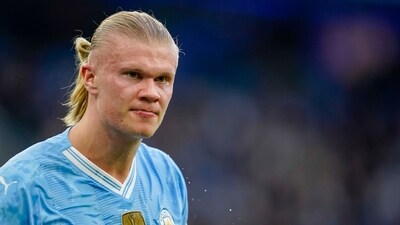 Manchester City's Erling Haaland reacts during the English Premier League match between Manchester City and Arsenal at the Etihad Stadium in Manchester, England. (AP) Manchester City's Erling Haaland reacts during the English Premier League match between Manchester City and Arsenal at the Etihad Stadium in Manchester, England. (AP)