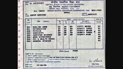 Ankur Warikoo shared this picture of his CBSE 12 marksheet on Instagram. (Instagram/@ankurwarikoo) Ankur Warikoo shared this picture of his CBSE 12 marksheet on Instagram. (Instagram/@ankurwarikoo)