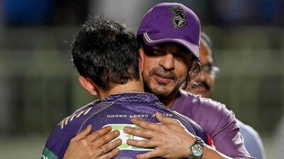Bollywood icon and co-owner of the Kolkata Knight Riders team, Shah Rukh Khan (R), hugs their mentor Gautam Gambhir after their win against Delhi Capitals (AFP) Bollywood icon and co-owner of the Kolkata Knight Riders team, Shah Rukh Khan (R), hugs their mentor Gautam Gambhir after their win against Delhi Capitals (AFP)