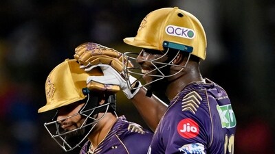 Kolkata Knight Riders' Rinku Singh (L) is congratulated by Andre Russell for his innings during the Indian Premier League (IPL) Twenty20 cricket match between Delhi Capitals and Kolkata Knight Riders (AFP) Kolkata Knight Riders' Rinku Singh (L) is congratulated by Andre Russell for his innings during the Indian Premier League (IPL) Twenty20 cricket match between Delhi Capitals and Kolkata Knight Riders (AFP)