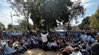 Contractual workers, including hospital attendants, clerical staff, sanitation and kitchen staff, lift operators and security guards, went on an indefinite strike at the Post-Graduate Institute of Medical Education and Research (PGIMER), Chandigarh, on Wednesday, demanding the release of nine of their colleagues from police custody. (HT Photo) Contractual workers, including hospital attendants, clerical staff, sanitation and kitchen staff, lift operators and security guards, went on an indefinite strike at the Post-Graduate Institute of Medical Education and Research (PGIMER), Chandigarh, on Wednesday, demanding the release of nine of their colleagues from police custody. (HT Photo)