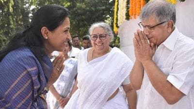 Nationalist Congress Party (Sharadchandra Pawar) leader Supriya Sule (left) with Prakash Ambedkar of Vanchit Bahujan Aghadi (VBA). (HT PHOTO) Nationalist Congress Party (Sharadchandra Pawar) leader Supriya Sule (left) with Prakash Ambedkar of Vanchit Bahujan Aghadi (VBA). (HT PHOTO)