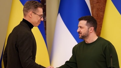 Finland's President Alexander Stubb, left, shakes hands with Ukraine's President Volodymyr Zelenskyy. (AP) Finland's President Alexander Stubb, left, shakes hands with Ukraine's President Volodymyr Zelenskyy. (AP)