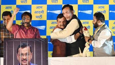 Sanjay Singh with other AAP leaders at the party office in New Delhi on Wednesday. (Arvind Yadav/HT Photo) Sanjay Singh with other AAP leaders at the party office in New Delhi on Wednesday. (Arvind Yadav/HT Photo)