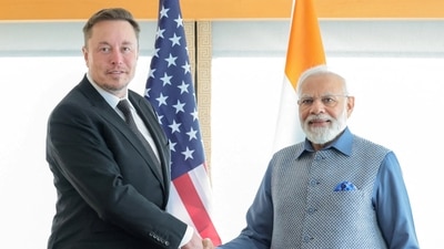 Prime Minister Narendra Modi shakes hand with Tesla chief executive Elon Musk during their meeting in New York City, New York, U.S., June 20, 2023 (via Reuters)