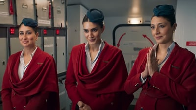 Kareena Kapoor, Kriti Sanon and Tabu in a still from Crew. Kareena Kapoor, Kriti Sanon and Tabu in a still from Crew.