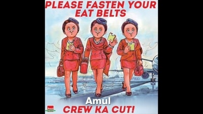 Amul shared this doodle on the film 'Crew', featuring Kareena Kapoor, Kriti Sanon, and Tabu. (Amul) Amul shared this doodle on the film 'Crew', featuring Kareena Kapoor, Kriti Sanon, and Tabu. (Amul)