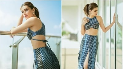 Kriti Sanon attended the success bash for her recently released film, Crew, starring Kareena Kapoor Khan, Tabu, Diljit Dosanjh, and Kapil Sharma. Kriti embraced the denim-on-denim trend for the occasion. She aced the stylish aesthetic in a sensational printed denim bralette and thigh-high slit skirt. Scroll through to see Kriti's pictures in the outfit. (Instagram) Kriti Sanon attended the success bash for her recently released film, Crew, starring Kareena Kapoor Khan, Tabu, Diljit Dosanjh, and Kapil Sharma. Kriti embraced the denim-on-denim trend for the occasion. She aced the stylish aesthetic in a sensational printed denim bralette and thigh-high slit skirt. Scroll through to see Kriti's pictures in the outfit. (Instagram)