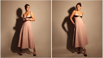 Kriti styled the dress with gold ear studs and black pumps. A side-parted messy top knot, smoky eye shadow, kohl-lined eyes, mascara on the lashes, feathered brows, pink lip shade, and blush on the cheeks rounded off the glam picks with the outfit. (Instagram) Kriti styled the dress with gold ear studs and black pumps. A side-parted messy top knot, smoky eye shadow, kohl-lined eyes, mascara on the lashes, feathered brows, pink lip shade, and blush on the cheeks rounded off the glam picks with the outfit. (Instagram)