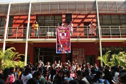 LSR students unfurled their college's fest banner amid much revelry. LSR students unfurled their college's fest banner amid much revelry.