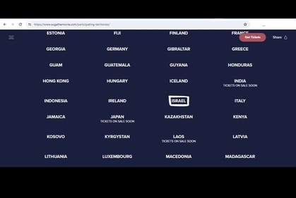 All countries/territories where SUGA's concert movie is expected to premiere theatrically, according to the official sugathemovie website. (https://www.sugathemovie.com/participating-territories/) All countries/territories where SUGA's concert movie is expected to premiere theatrically, according to the official sugathemovie website. (https://www.sugathemovie.com/participating-territories/)