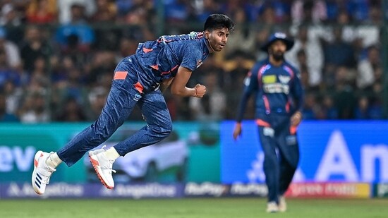 The fastest ball of IPL 2024 was bowled by Lucknow Super Giants' Mayank Yadav. The LSG quick let loose a 156.7 km/h missile against the Royal Challengers Bengaluru.(AFP)