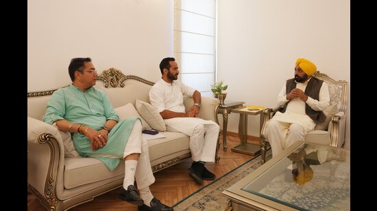 Chief minister Bhagwant Mann with Gurmeet Singh Meet Hayer, the party candidate from Sangrur Lok Sabha constituency and Sunam MLA Aman Arora. (Sourced)