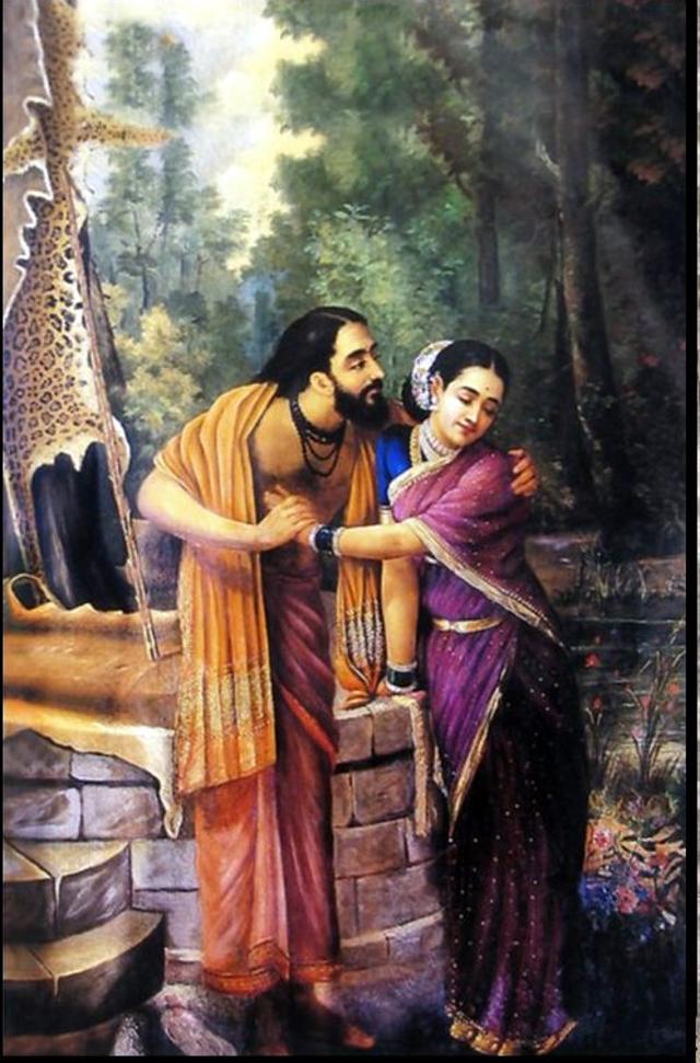 A Raja Ravi Varma painting of Arjun and Subadhra. “While these types of gandharva unions began in secret, there were other types (discussed by Manu in the Manusmriti) in which the woman would ask the man to elope with her, usually because otherwise, her family would pressure her to marry someone else. The Mahabharata contains several such examples. Some prominent ones included the marriage of Arjuna and Subhadra (they elope from Dwaraka, as one of Subhadra’s brothers, Balaram, wanted her to marry Duryodhan).” (Wikimedia Commons) A Raja Ravi Varma painting of Arjun and Subadhra. “While these types of gandharva unions began in secret, there were other types (discussed by Manu in the Manusmriti) in which the woman would ask the man to elope with her, usually because otherwise, her family would pressure her to marry someone else. The Mahabharata contains several such examples. Some prominent ones included the marriage of Arjuna and Subhadra (they elope from Dwaraka, as one of Subhadra’s brothers, Balaram, wanted her to marry Duryodhan).” (Wikimedia Commons)