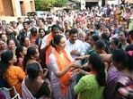 Mormugao, Apr 04 (ANI): BJP's South Goa Candidate Pallavi Dempo along with Goa BJP President Sadanand Shet Tanavade, Ashish Sood (Goa Elections observer) meet people after addressing BJP activists at Murmagao on Thursday. (ANI Photo) Mormugao, Apr 04 (ANI): BJP's South Goa Candidate Pallavi Dempo along with Goa BJP President Sadanand Shet Tanavade, Ashish Sood (Goa Elections observer) meet people after addressing BJP activists at Murmagao on Thursday. (ANI Photo)